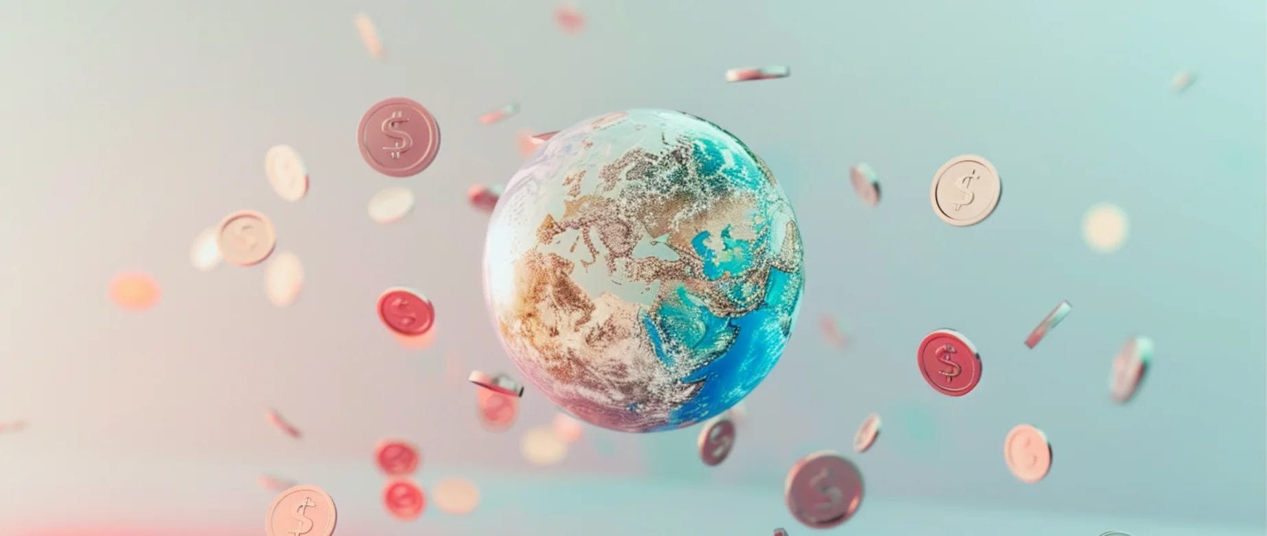 Globo terrestre com moedas flutuando em redor, simbolizando a transferência de dinheiro à volta do mundo. 
